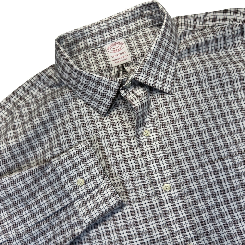Brooks Brothers Dress Shirt Mens 18 34/35 Traditional Brown Check Non Iron